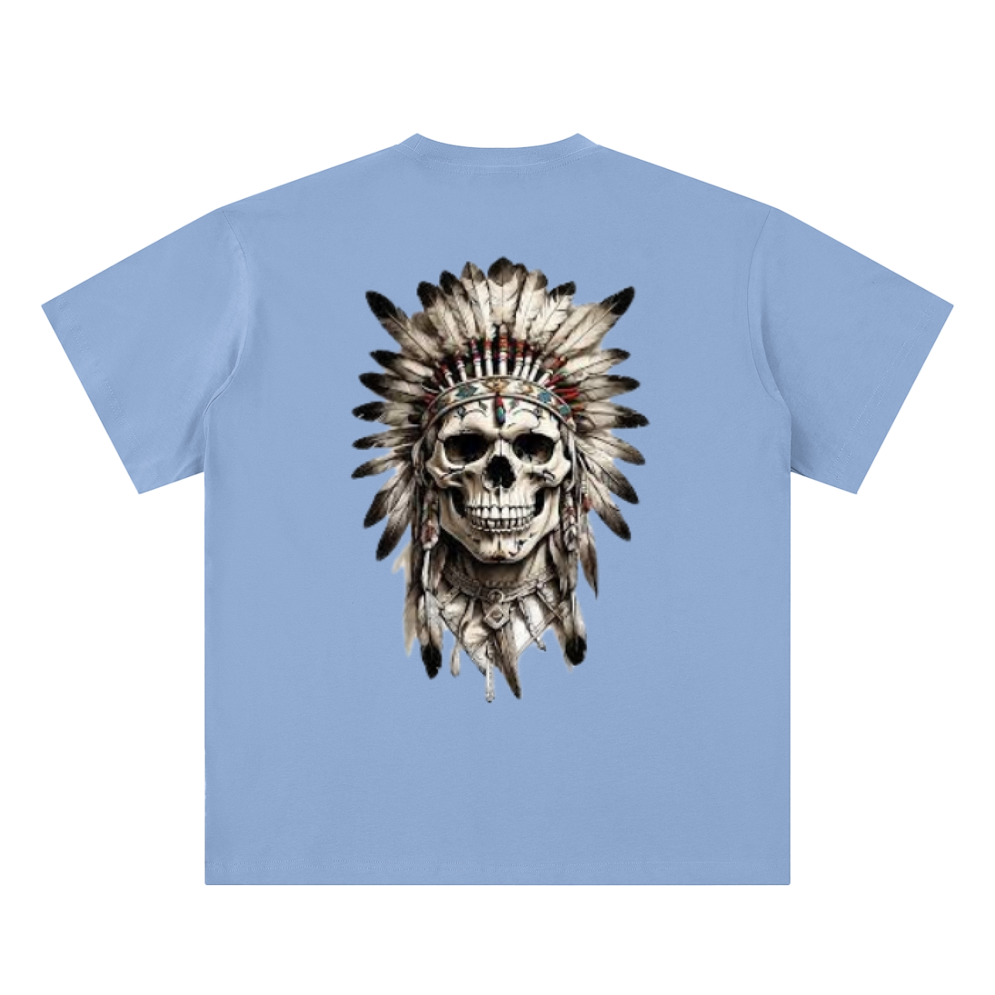 Back view of Warborn T-shirt featuring a skull with a feather headdress, symbolizing strength and resilience.