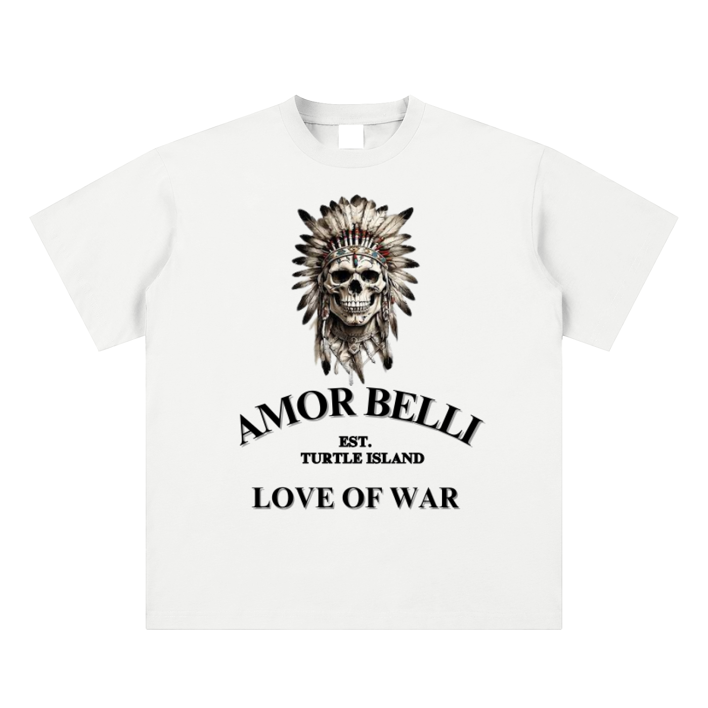 Warborn Sueded Cotton T-shirt featuring AMOR BELLI, skull graphics, and Aboriginal warrior mask, perfect for luxury streetwear.