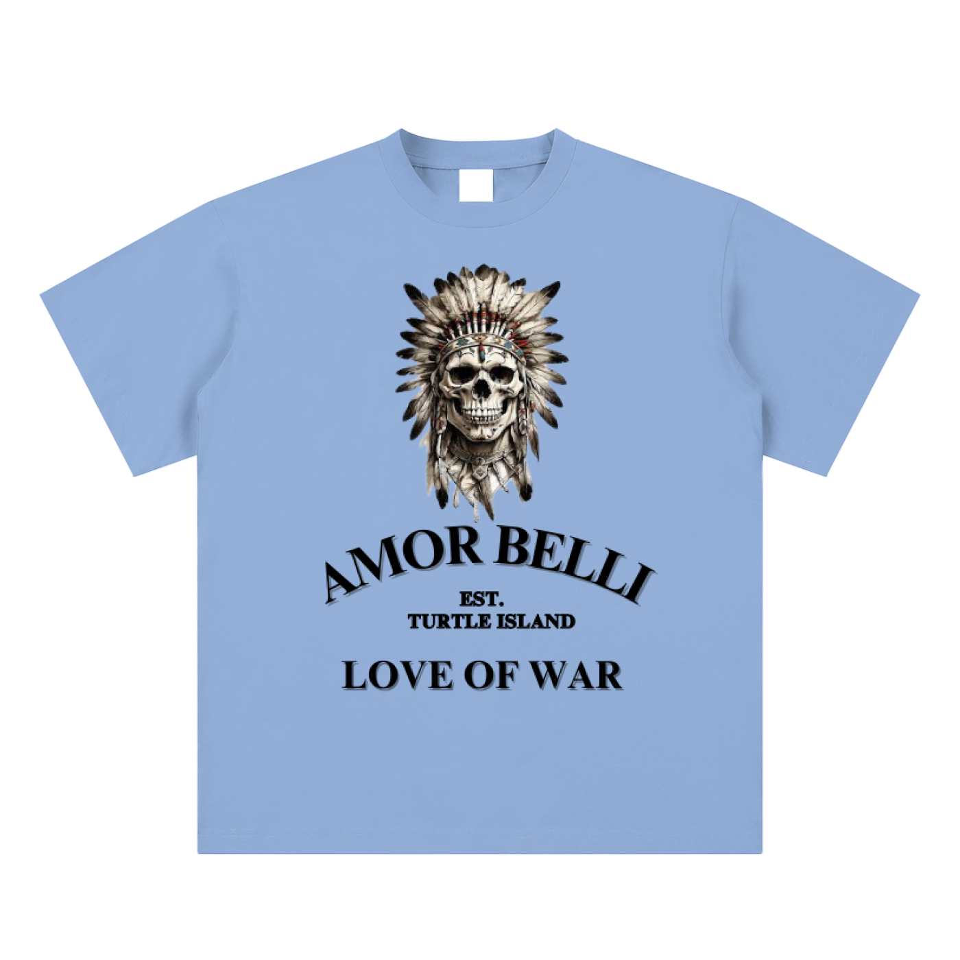 Warborn Sueded Cotton T-shirt featuring AMOR BELLI and warrior mask design, luxury streetwear inspired by aboriginal culture.