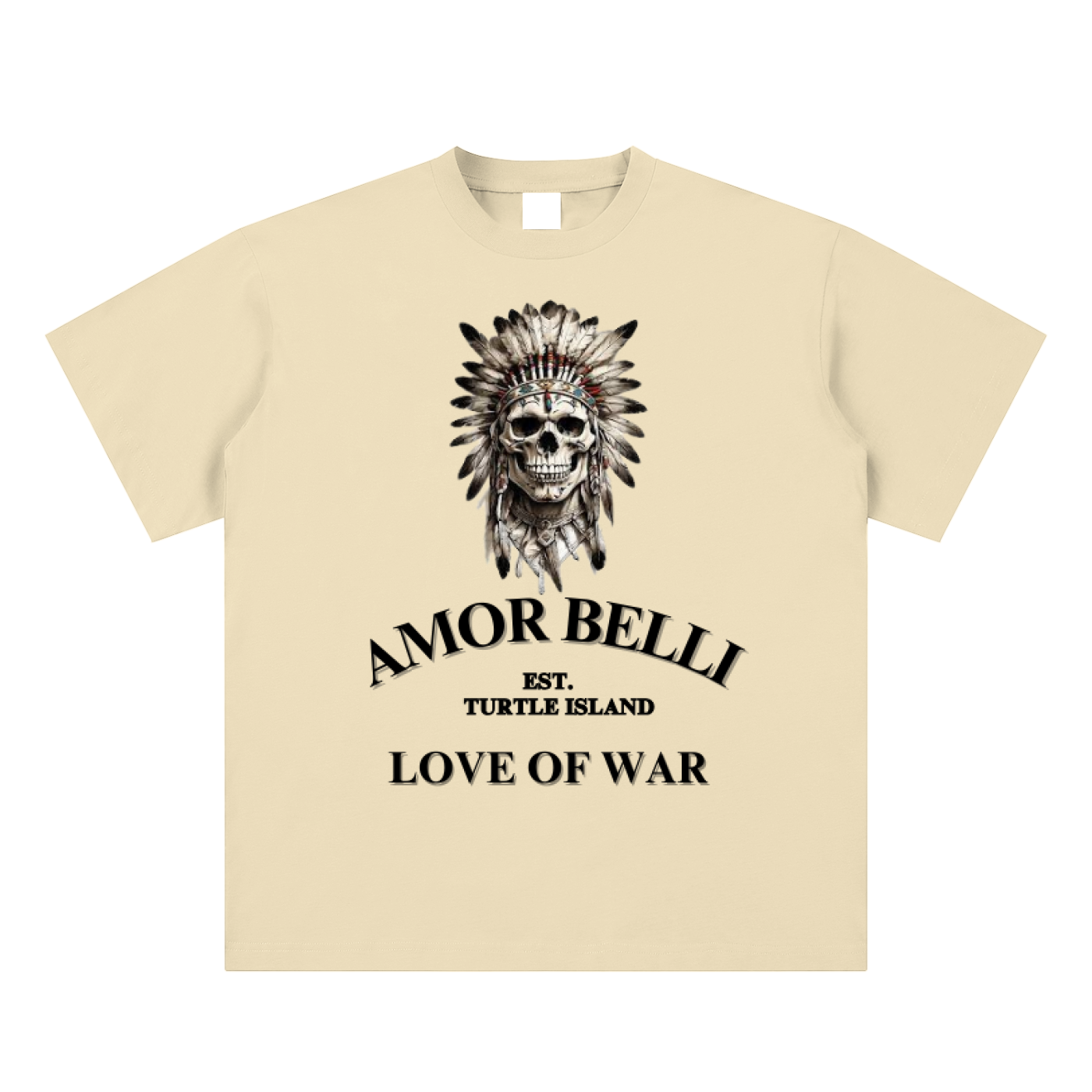 Warborn Sueded Cotton T-shirt featuring AMOR BELLI and an aboriginal warrior skull design, inspired by streetwear culture.