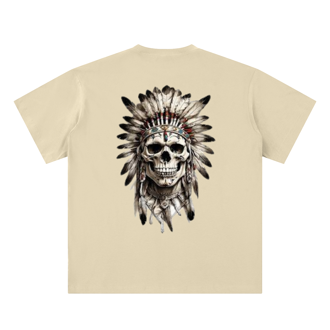 Back view of a cream T-shirt featuring a bold skull graphic with a feather headdress, showcasing luxury streetwear aesthetics.