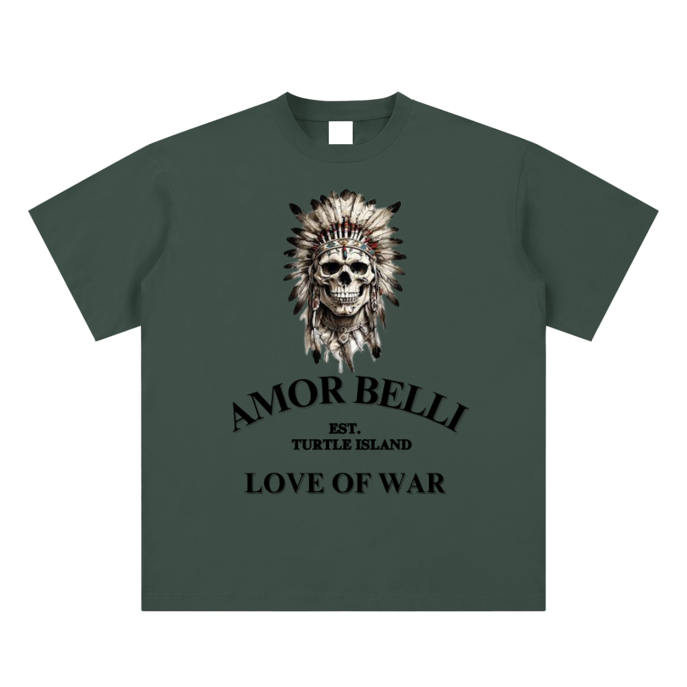 Warborn Sueded Cotton T-shirt featuring AMOR BELLI, LOVE OF WAR, and a skull with aboriginal warrior mask design.