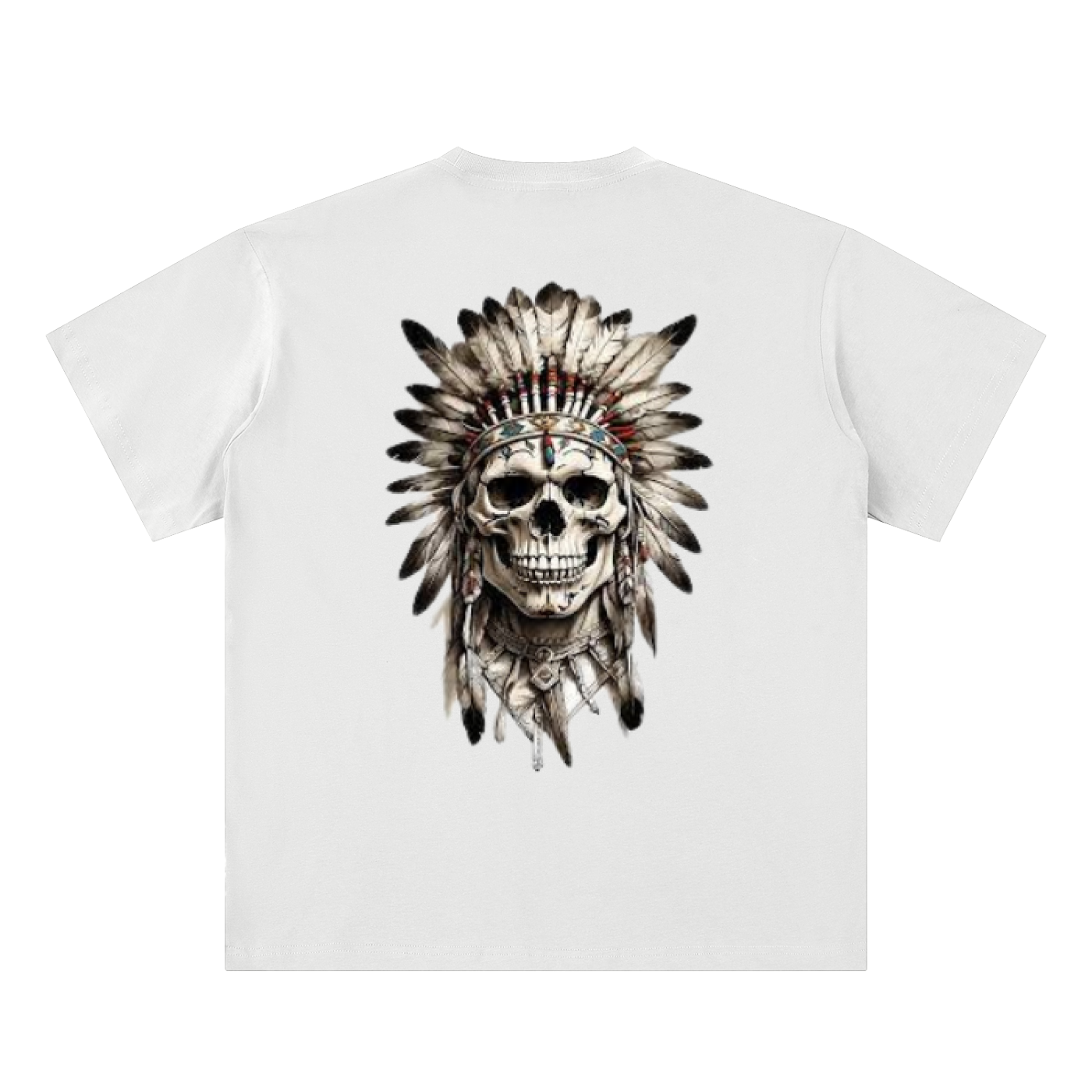 Back view of Warborn T-shirt featuring a skull with an indigenous headdress, symbolizing strength in bold streetwear style.