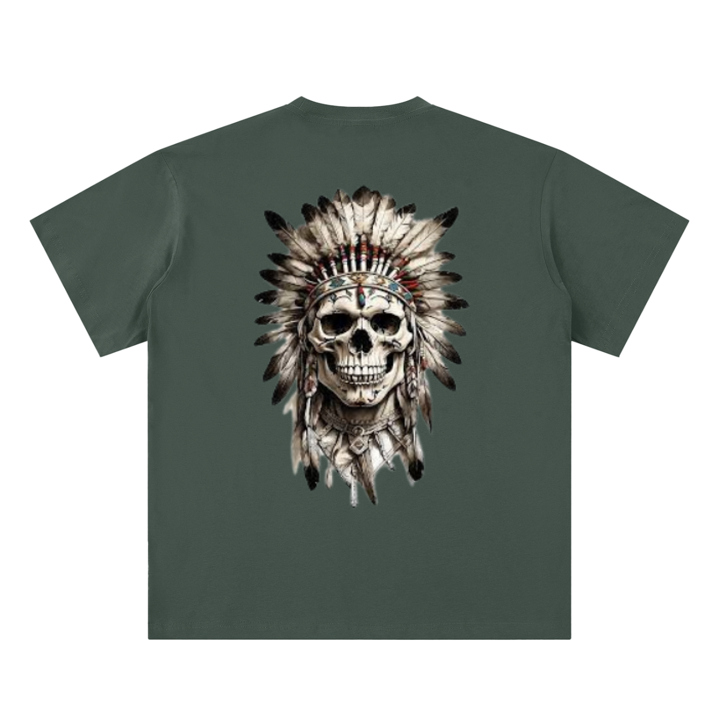 Back view of Warborn Sueded Cotton T-shirt featuring a skull with feathers, inspired by indigenous artistry.
